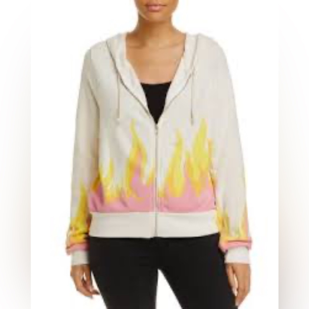Wildfox white zip-up hoodie with pink/yellow/orange flames- Size S - Picture 2 of 13